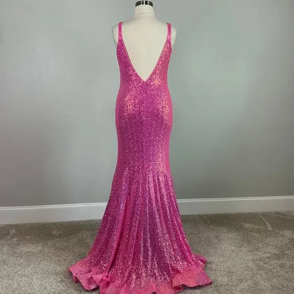 Jovani Sequined Backless Long Mermaid Evening Gown Fuchsia Pink Size 18 Dress - Picture 3 of 11